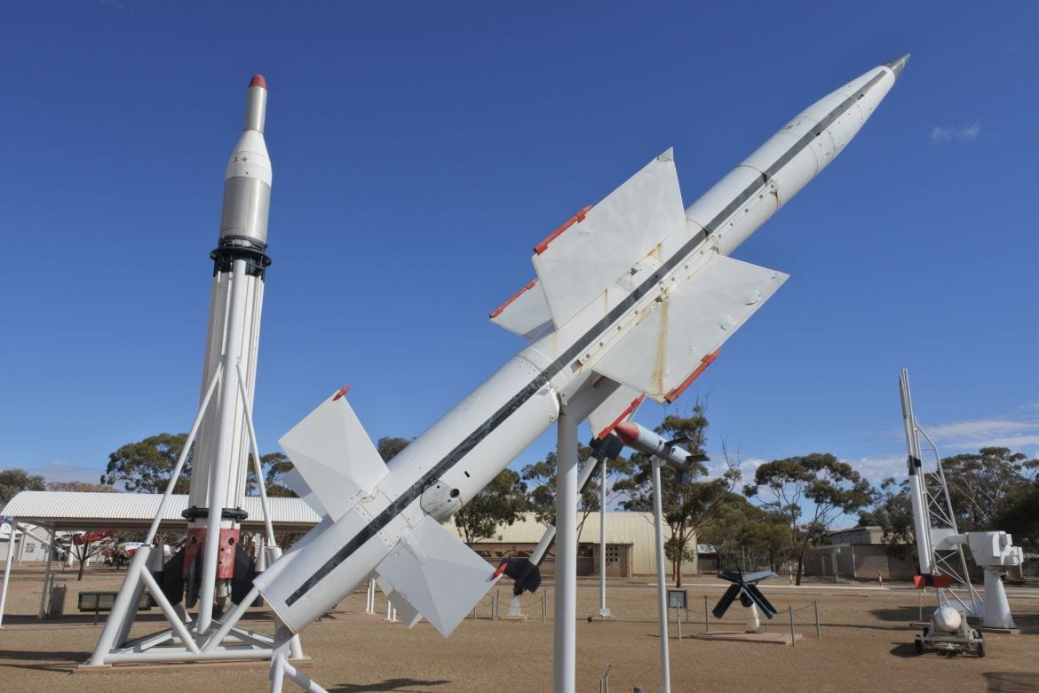Woomera, South Australia - May 15 2019:Woomera Missile Park.Woomera town was home to personnel who worked between 1947-1980 in experimental station to test rockets, weapons and missiles in South Australia